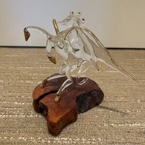 Glass Crystal Clear Rearing Pegasus with Wings Gold Trim & Polished Wood Base